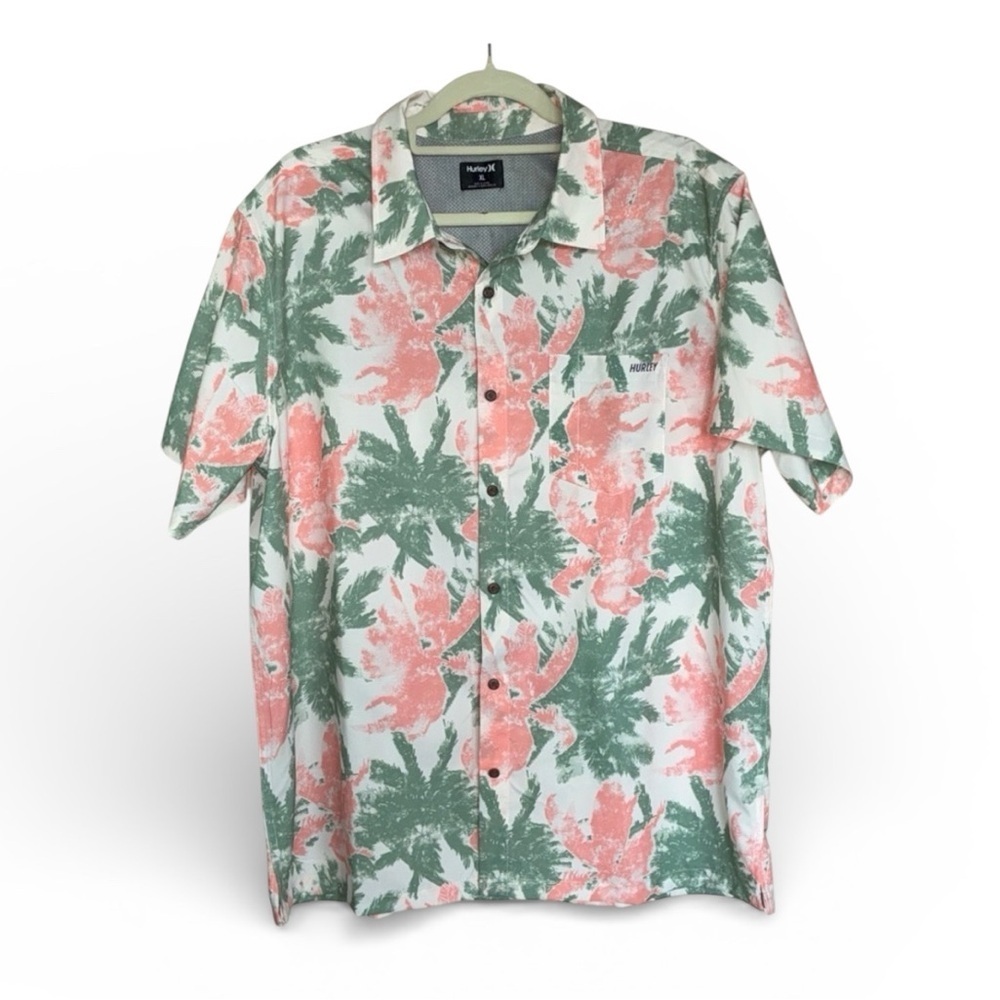 Hurley Men's Shirt, XL, Tropical Green and Orange Floral, Button-Up EUC